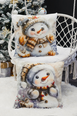 Наволочка декоративная новогодняя 2 шт 3D эффект велюр СнеговикСподарками